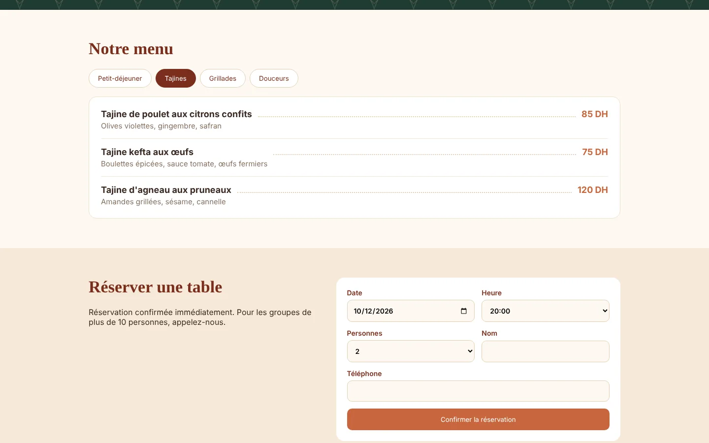 Menu par catégories